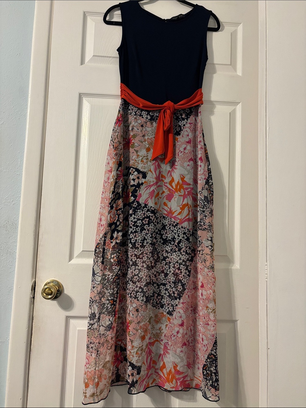 Banana Republic Navy Maxi Dress with Coral Waist Tie